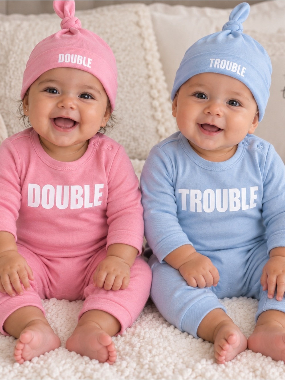 Twins Bodysuits Double Trouble Romper Twin Jumpsuits Hat Set size 4-6 months